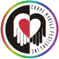Crape Myrtle Festival Logo - Circle with rainbow ring and image of two hands and heart in center