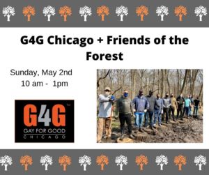 Gay For Good logo and image of volunteers in a forest.