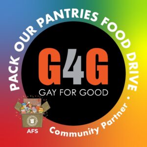 Box of Food, Gay For Good Logo and text that reads "pack our Pantries Food Drive"