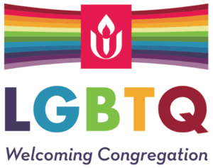 Rainbow stripes across top half of image with UU logo in center and words LGBTQ Welcoming Congregation below.