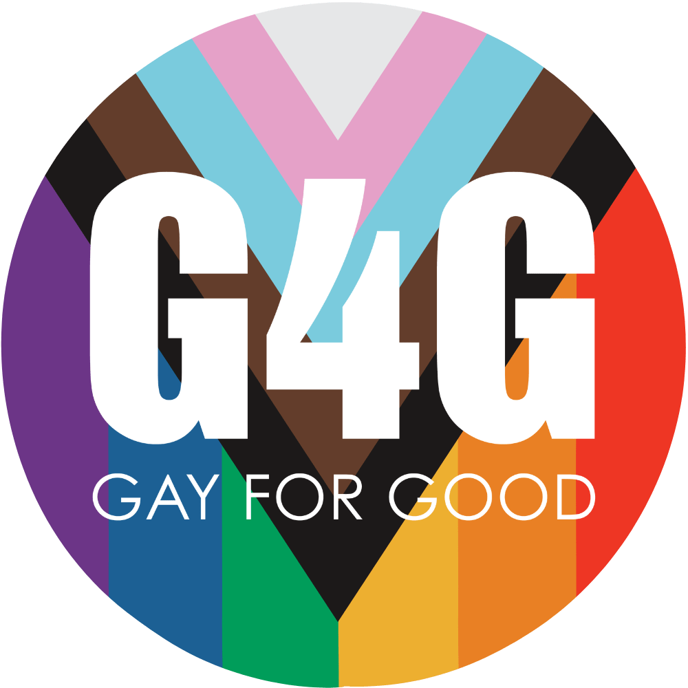 Round logo with LGBTQ Progress Flag background, large white letters that read "G4G" and the words "GAY FOR GOOD" below.