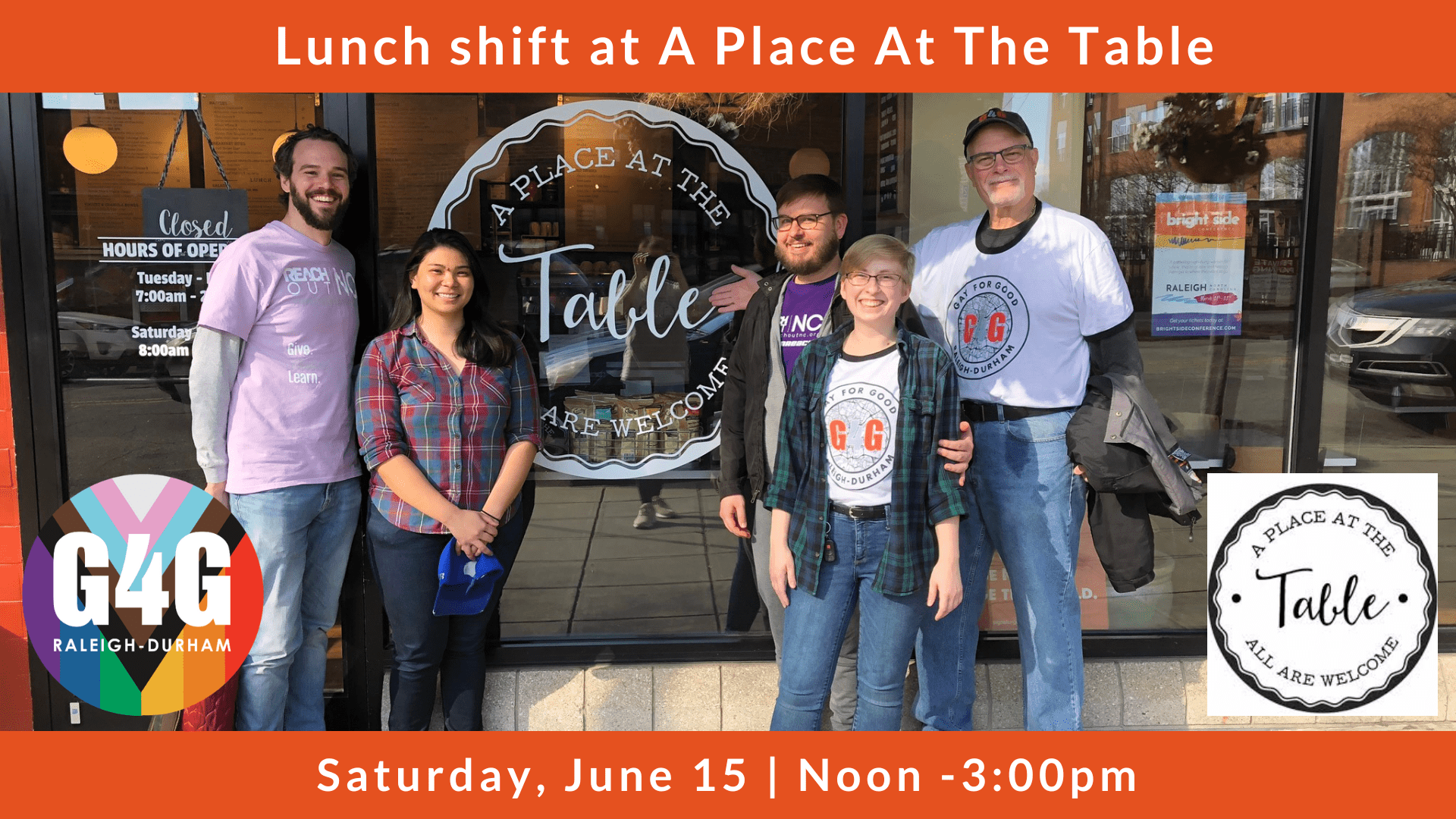 G4G Raleigh-Durham + A Place At The Table - Lunch Shift - Gay For Good |  LGBTQ+ Volunteer Network